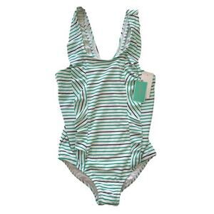 GIRLS Navy & Green Stripe Ruffle One Piece Swimming Suit – Size 14